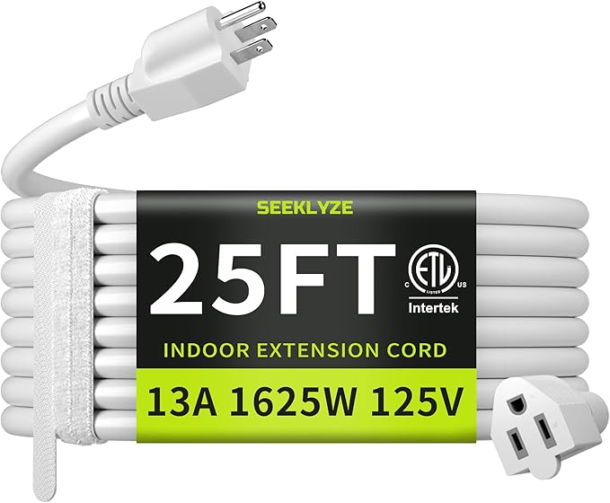 16/3 White 25 FT Extension Cord, Indoor Extension Cord by Seeklyze
