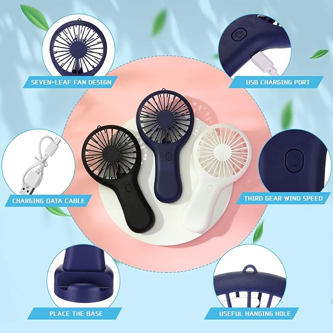 Woanger 12 Pcs Mini Handheld Fan Bulk 3 Speed USB Electric Battery Operated - Image 7