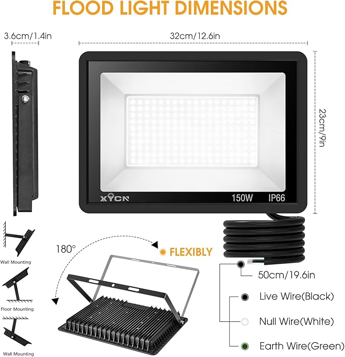 XYCN 150W LED Flood Light Outdoor, 2 Pack 15500LM Super Bright Security Light - Image 4