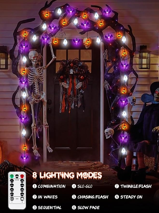 Halloween String Lights, 3D Pumpkin Bat Ghost Fairy Lights Battery Operated - Image 2
