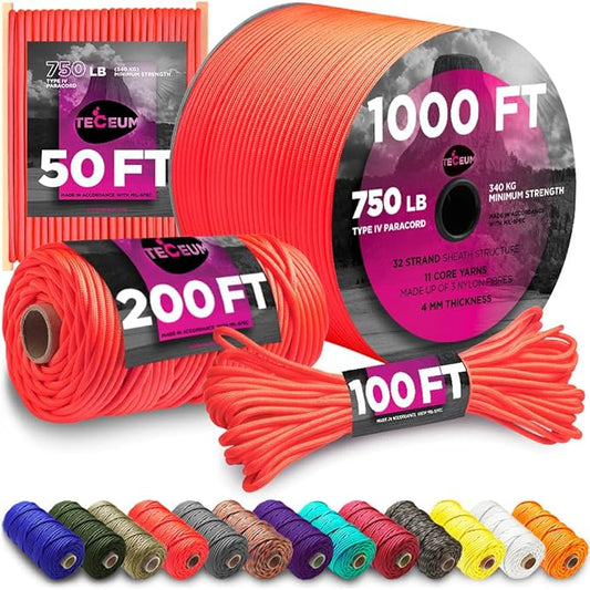 TECEUM 5/32" Paracord Rope 1000 – 1000ft / 200ft / 100ft / 50ft – Tactical by TECEUM
