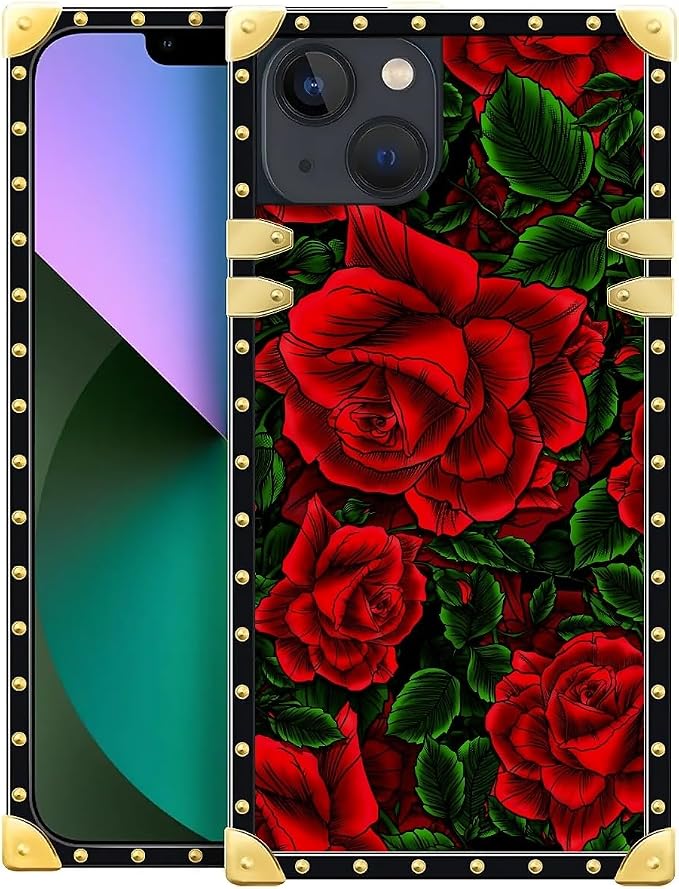 Compatible with iPhone 13 Case, Vector Red Rose Green Leaf Luxury Golden by Unknown