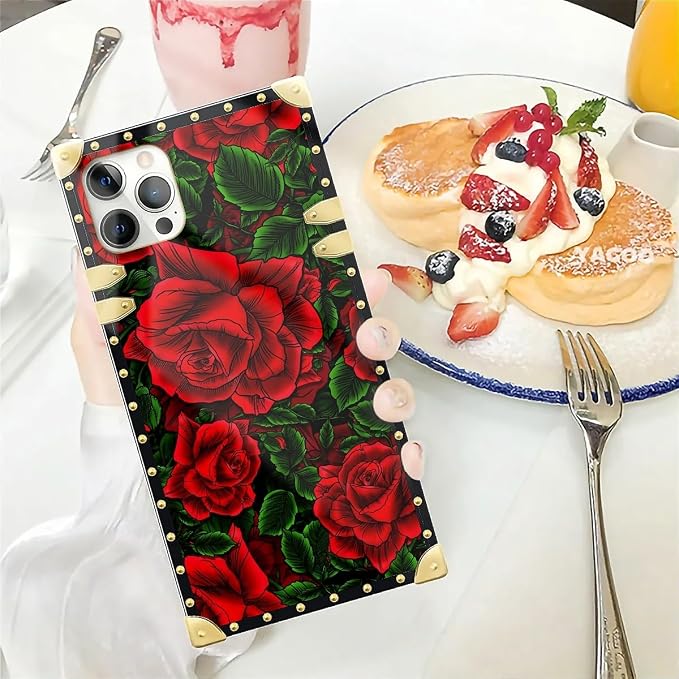 Compatible with iPhone 12 12 Pro Case, Vector Red Rose Green Leaf Luxury Golden - Image 5