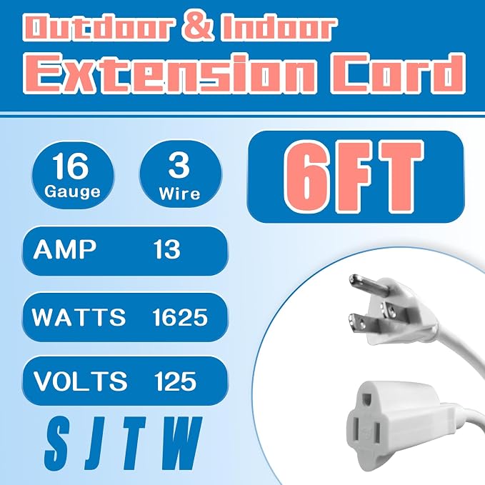 Indoor Outdoor Extension Cord 6 FT, 16/3 SJTW Weatherproof White Electrical - Image 2