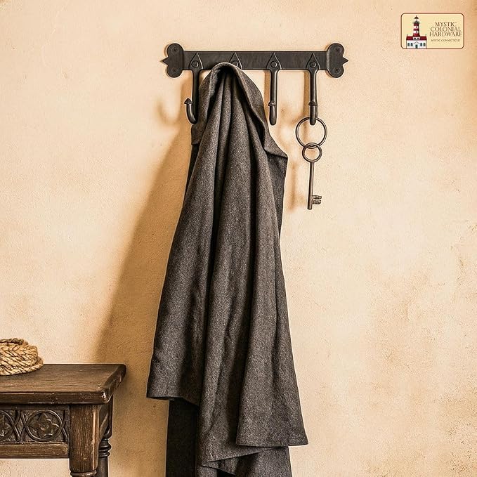 Mystic Colonial Medieval Rustic Hand-Forged Iron Wall Mounted Coat Rack | - Image 6