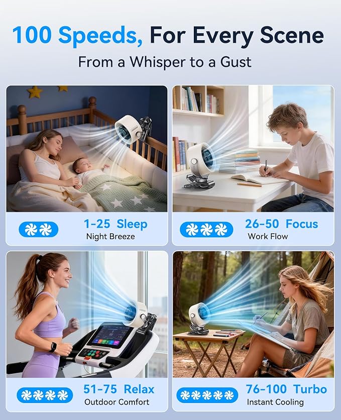 KIMMOO 4000mAh Rechargeable Portable Clip on Fan-100-Speed Touch Control - Image 3