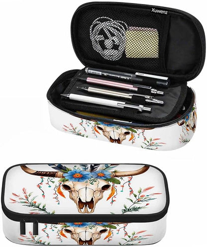 Cow Skull Pencil Holder Bag Bull Head Flowers Feathers Boho Style Pencil Case by Unknown