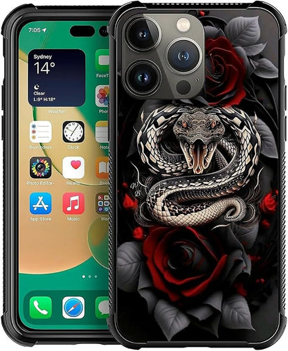 for iPhone 14 Pro Case, Entwined Rose Snake Pattern Graphic Design Girl Boy by FKBRCL4U