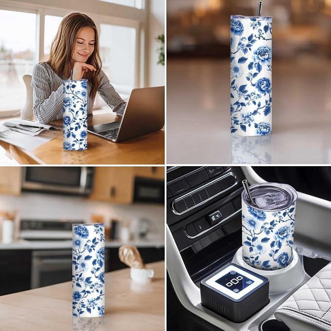 Firmiso 20 oz Tumbler｜Skinny Insulated Travel Mug｜Blue White Peony Chinoiserie - Image 4