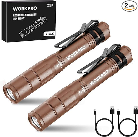WORKPRO Rechargeable Pen Light, Mini Flashlight, 2 Pack Ultra-Compact EDC by WORKPRO