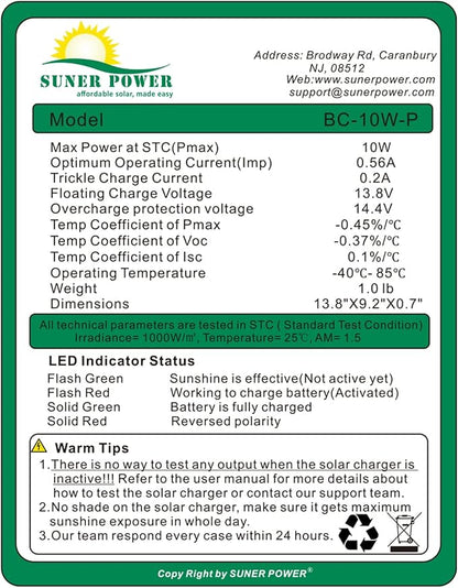SUNER POWER 10W 12V Solar Battery Charger Maintainer, Built-in Smart MPPT - Image 5