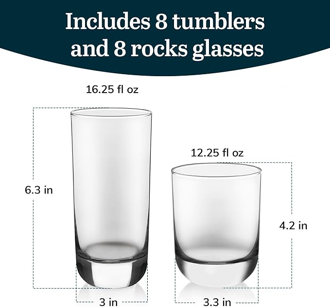 Libbey Drinking Glasses Polaris Tumbler and Rocks Set of 16, Sturdy Drinkware - Image 4