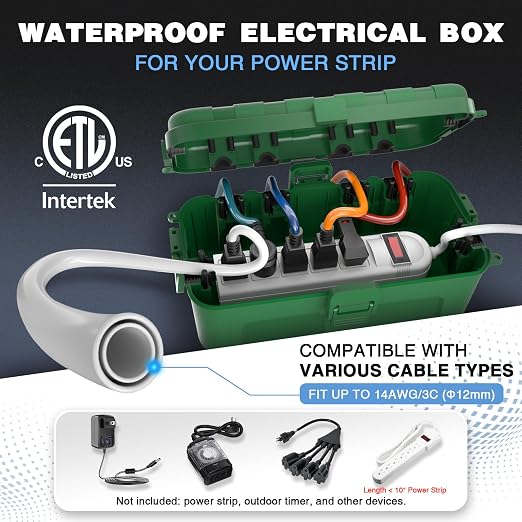 Flemoon Medium Outdoor Electrical Box, IP54 Waterproof Extension Cord Cover w/6 - Image 2