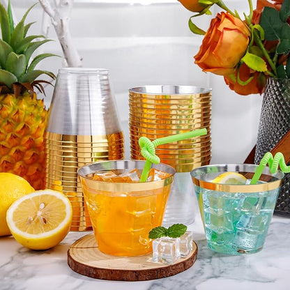 I00000 200 Pack Gold Plastic Cups, 9 Oz Elegant Clear Plastic Cups Gold Rimmed - Image 7