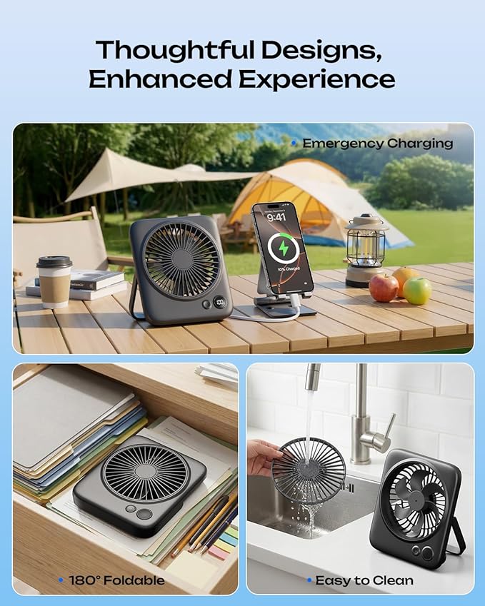 Otlonpe Portable Desk Fan 6.5 Inch, 4000mAh Rechargeable Battery Operated & USB - Image 6
