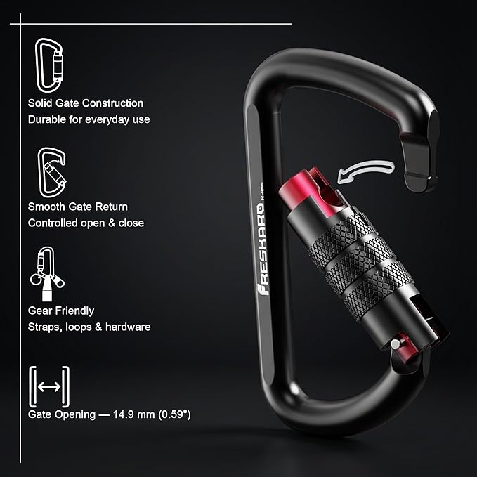 FresKaro 3inch 12kN-2698lbs Auto Locking Carabiner Clips, Solid D Shape - Image 3