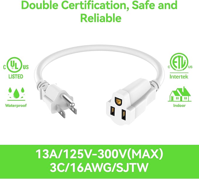 Power Extension Cord 1FT/12Inch, Short 3 Prong Electric Extension Cable Outlet - Image 2