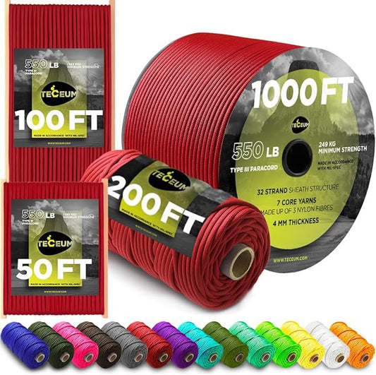 TECEUM Reflective Paracord Rope 1000 – 1000ft/200ft/100ft/50ft – 40+ Colors – by TECEUM