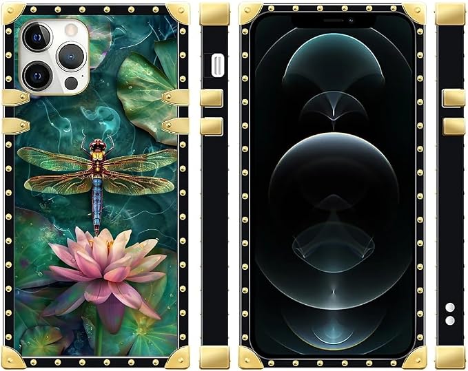 Compatible with iPhone 12 Case, Colourful Dragonfly Pink Lily Pads Luxury - Image 2