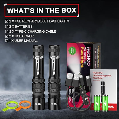 RECHOO Flashlights USB Rechargeable 2 Pack Double Switch S3000L LED Tactical - Image 7