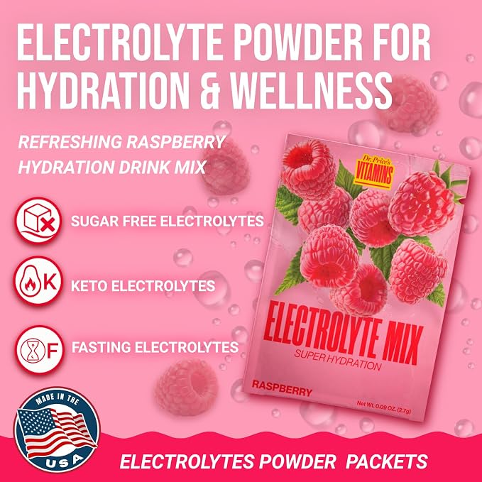 Dr. Price’s Electrolytes Hydration Powder Packets – Raspberry, 30 Packs | Sugar - Image 3