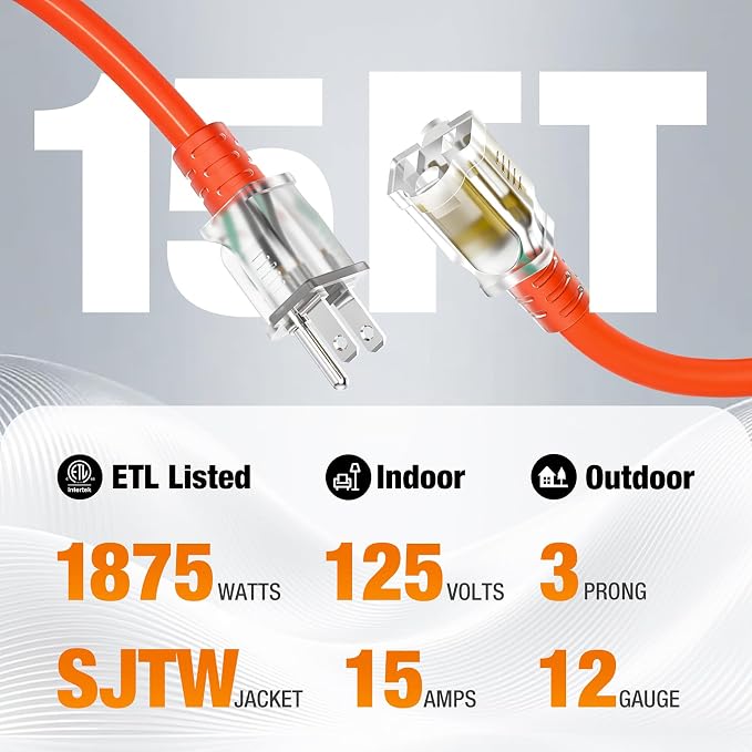 Outdoor Extension Cord 15 FT Waterproof, 12/3 Gauge Heavy Duty 3 Prong Power - Image 2