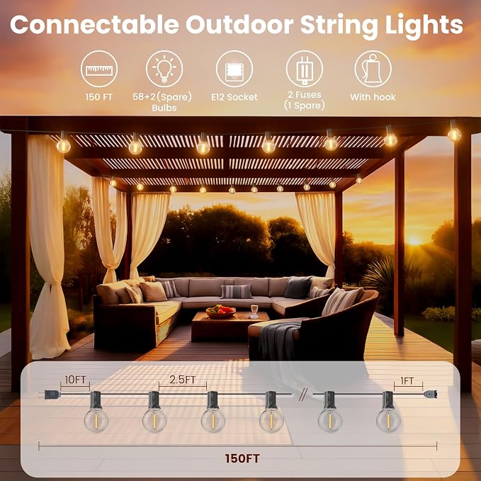 RTTY 150 FT Outdoor String Lights Patio Light - Image 2
