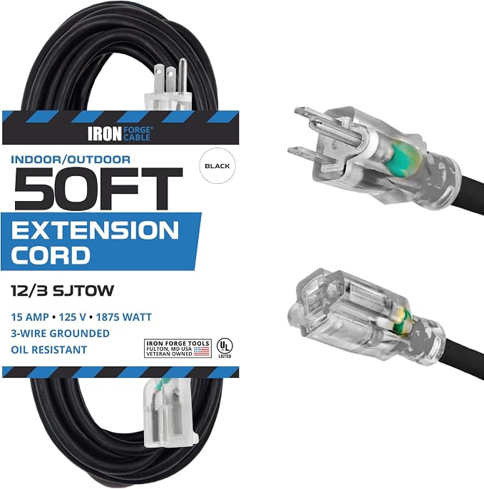 Iron Forge Cable Oil Resistant 12 Gauge Extension Cord 50 ft, 12/3 SJTOW 50 by IronForgeCable