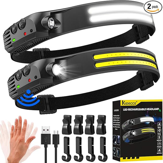 Headlamp Rechargeable, 2 Pack 230° Wide Beam Head Lamp, 2000 Lumen Super Bright by LightUpYourLife-KIDECCE