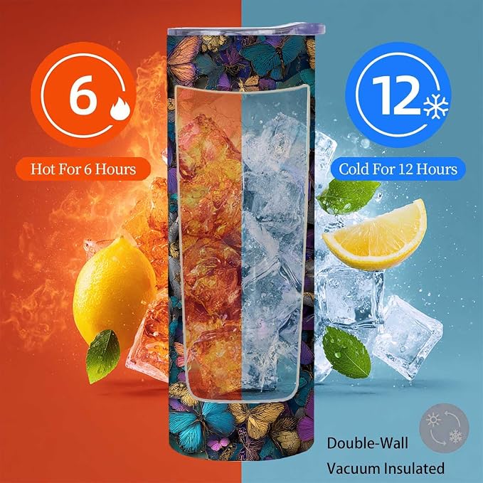 Firmiso 20 oz Tumbler｜Skinny Insulated Travel Mug｜Butterfly Skull Design - Image 4