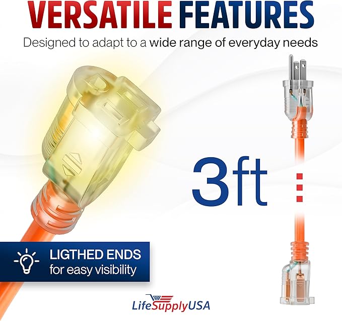 3ft Outdoor/Indoor Extension Cord 16/3 Gauge Heavy Duty 3 Prong SJTW, Waterproof - Image 6