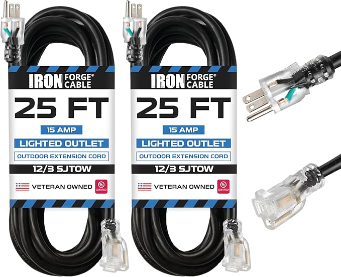 Iron Forge Cable 2 Pack 12 Gauge Outdoor Extension Cord 25 Ft, SJTOW 12/3 Heavy by IronForgeCable