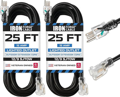 Iron Forge Cable 2 Pack 12 Gauge Outdoor Extension Cord 25 Ft, SJTOW 12/3 Heavy by IronForgeCable