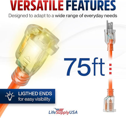 75ft Outdoor/Indoor Extension Cord 12/3 Gauge Extra Heavy Duty 3 Prong SJTW - Image 6