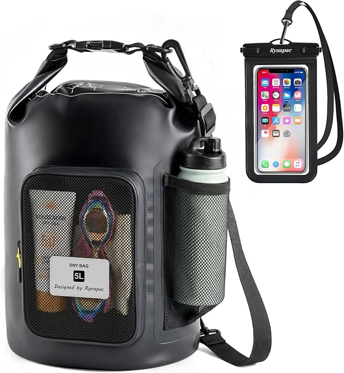 5L Waterproof Dry Bag with Bottle Holder & Mesh Pocket, 500D PVC Tarpaulin Roll by Rynapac