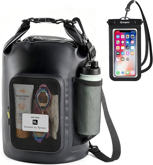 5L Waterproof Dry Bag with Bottle Holder & Mesh Pocket, 500D PVC Tarpaulin Roll by Rynapac