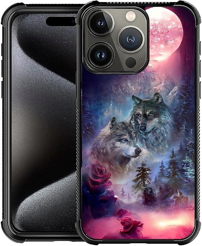 for iPhone 16 Pro Max Case, Star Two Wolfs Howling Pattern Graphic Design Girl by FKBRCL4U