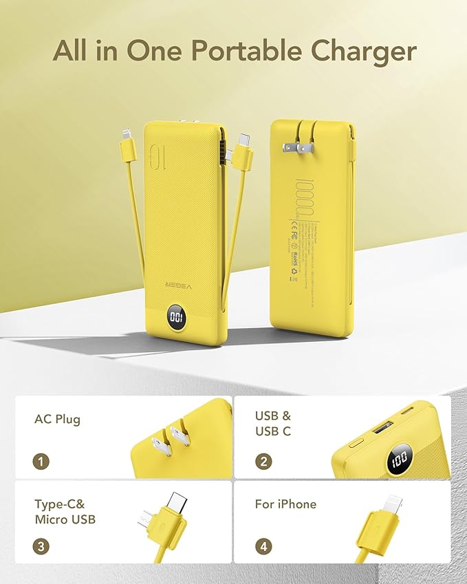 VEGER Portable Charger with Built-in AC Plug and Cables, All in One 10000mAh - Image 2