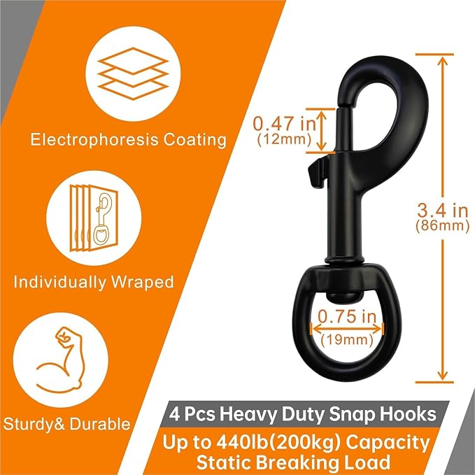 Garwor 3/4" Heavy Duty Swivel Snap Hooks Black Electrophoresis Coating - Image 2