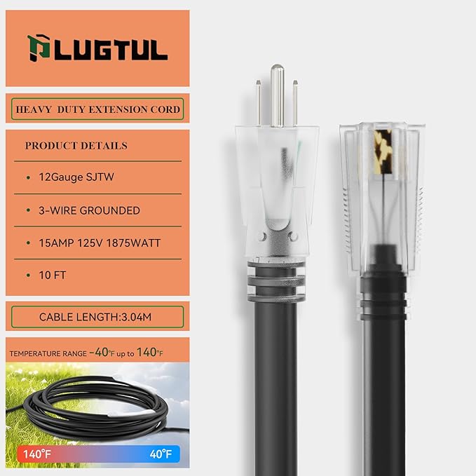 PLUGTUL Outdoor Extension Cord 10FT, 12 Gauge Extension Cord - Image 3