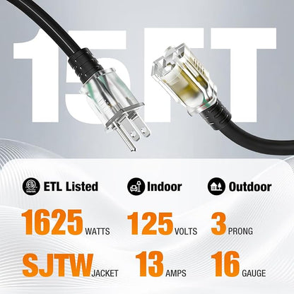 15 FT Outdoor Extension Cord Waterproof, 16/3 Gauge Heavy Duty 3 Prong Power - Image 2