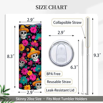 Firmiso 20 oz Tumbler｜Skinny Insulated Travel Mug｜Sombrero Skull Floral - Image 5
