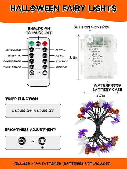 Halloween String Lights, 3D Pumpkin Bat Ghost Fairy Lights Battery Operated - Image 6