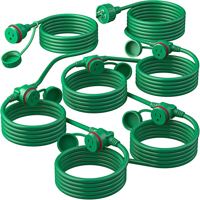 50FT Green Outdoor Extension Cord, Evenly Spaced 6 Outlets Plugs by Belllights