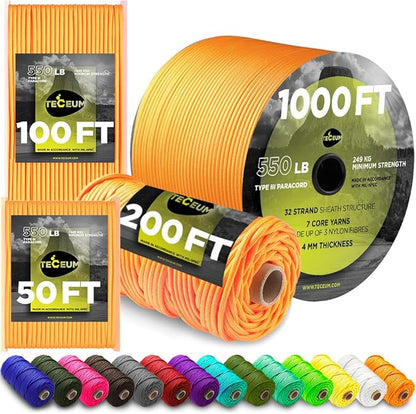 TECEUM 5/32" Paracord Rope 1000 – 1000ft / 200ft / 100ft / 50ft – Tactical by TECEUM