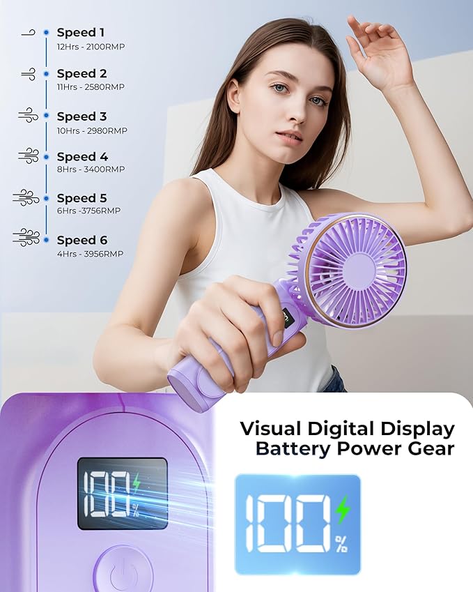 TUNISE Portable Handheld Fan, 180 Adjustable, 6 Speed Wind, USB Rechargeable - Image 5