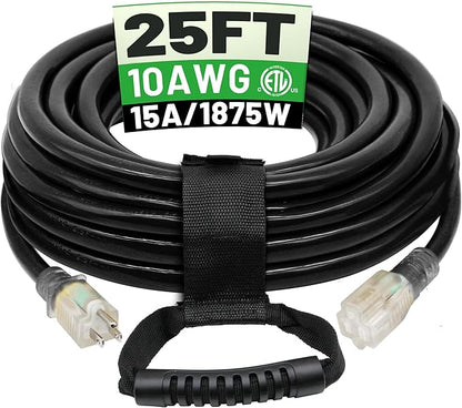 POWGRN 25 Ft 10AWG Black Outdoor Extension Cord Waterproof Heavy Duty 10 Gauge by POWGRN