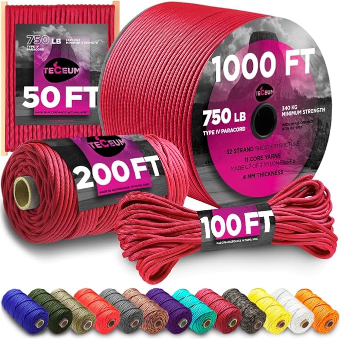 TECEUM 5/32" Paracord Rope 1000 – 1000ft / 200ft / 100ft / 50ft – Tactical by TECEUM