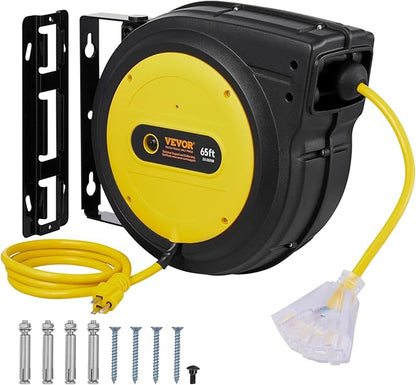 VEVOR Retractable Extension Cord Reel, 65 FT, Heavy Duty 12AWG/3C SJTOW by VEVOR