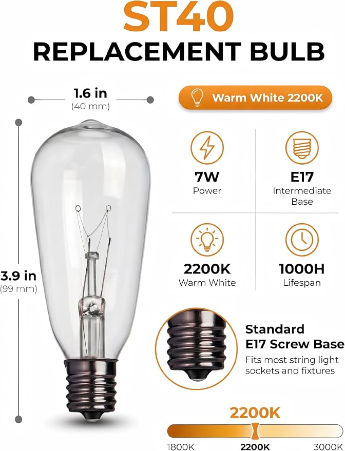 10 Pack ST40 Replacement Bulbs for Outdoor String Lights, 7W E17 Intermediate - Image 2